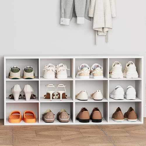 Aenuert 12-Cubby Shoe Rack, 3-Tier Wood Shoe Organizer, Multifunctional Shoe Organizer Bench for...