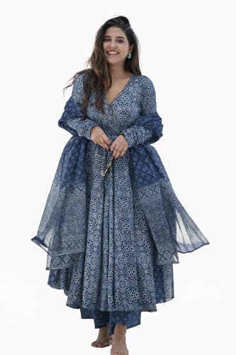 Image of Womens Kurta Anarkali Suit with Dupatta Ethinic Traditional Floral Long Sleeve Dress Set, Printed Kurta Palazzo With Dupatta