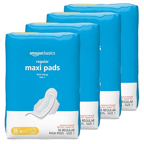 Amazon Basics Thick Maxi Pads with Wings for Periods, Regular Absorbency, Unscented, Size 1, 144 Count