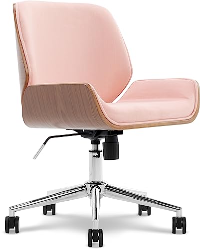 Elle Decor Ophelia Home Office Desk Chair, Mid Century Modern Bentwood Style, Ergonomic Curved Low-Back and Seat, Armless Design, Chrome Swivel Base, Upholstered in Woven Fabric, Blush Pink