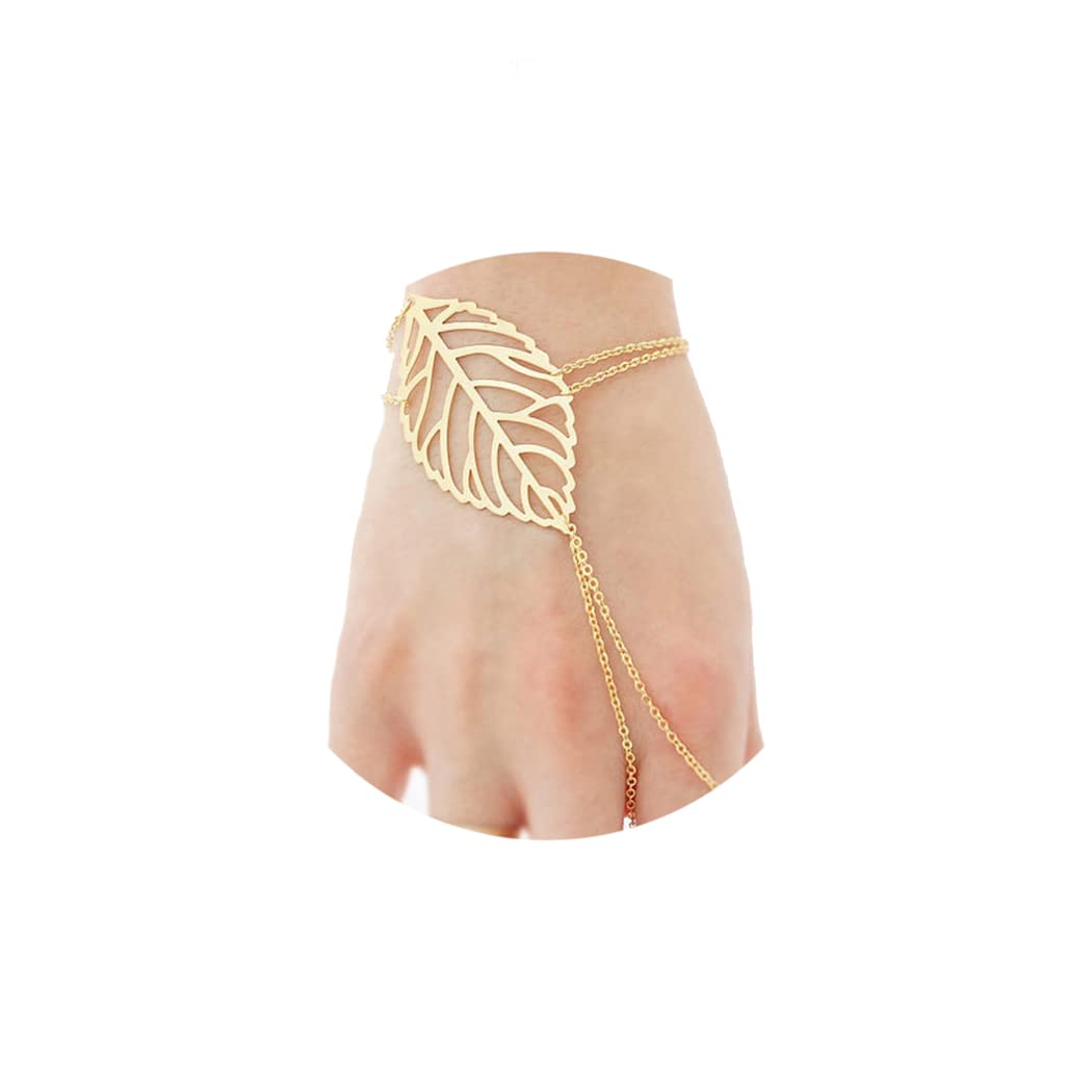 JovonoSimple Hand Chain Bracelets with Alloy Forest Leaf for Women and Girls (Gold)