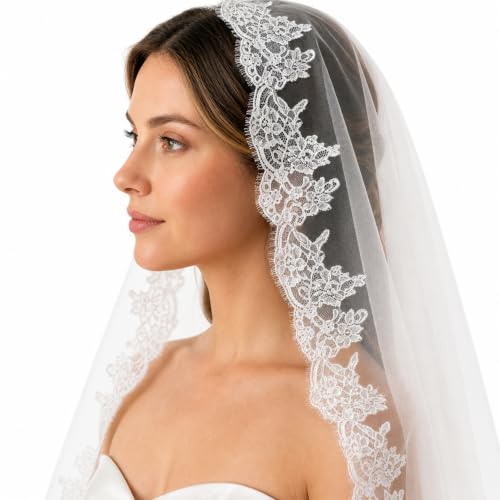 Velo de novia de encaje con peine para bodas románticas de jardín