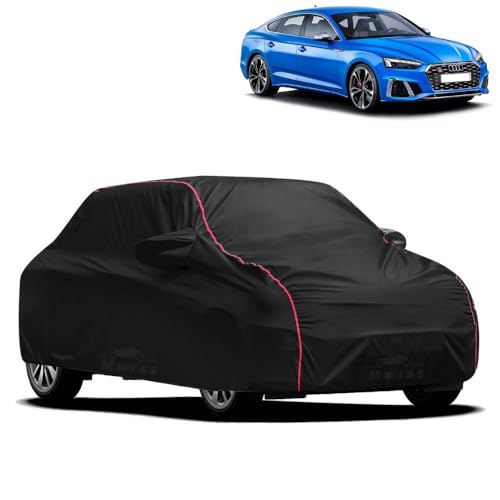 Image of Waterproof Car Cover for Audi S5 | All-Weather Protection, Dustproof & UV Resistant | Triple Stitched Mirror Pockets, Windproof Buckle Strap with Elastic Hem, Black-Red Piping