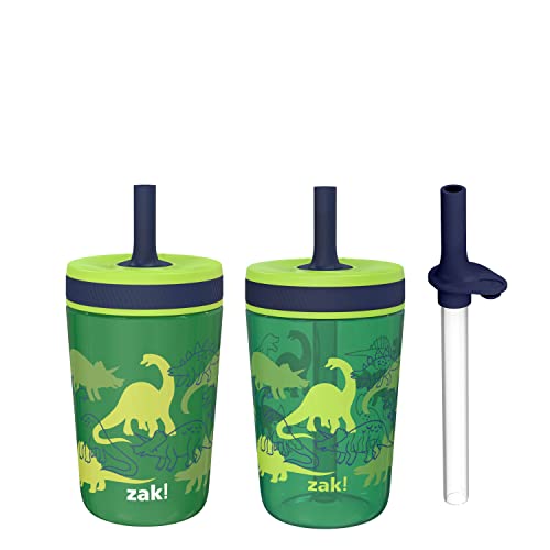 Image of Zak Designs Dino Camo Kelso Tumbler 3pc Set, Leak-Proof Screw-On Lid with Straw, Bundle for Kids Includes Plastic and Stainless Steel Cups with Additional Sipper