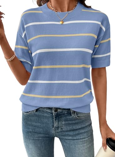 SHEWIN Womens Tops Crew Neck Short Sleeve Shirts for Women Lightweight Striped Womens Summer...