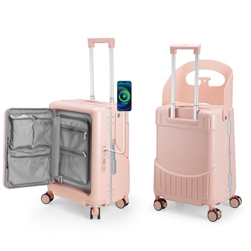 Ride On Luggage with Foldable Seat for Kids&Adults with Seat Belt,Hardshell Ride On Suitcase with Front Pocket,Lockable 4-Spinner Wheels,USB Port,TSA Lock,20 inch,Pink