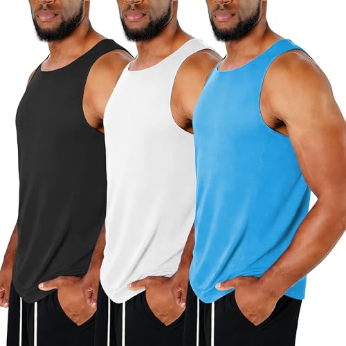3 Pack Men's Workout Tank Tops UPF 50+ Sleeveless Shirt Sun Protection Fast Dry Lightweight Gym Fitness Muscle Shirts Light Blue/White/Black XX-Large