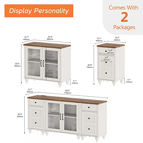 Wampat Buffet Cabinet Sideboard With Storage, Modern Kitchen Accent Cabinet With Glass Doors & Side Table With Charging Station, Wood Credenza Coffee Bar Cabinet For Entryway Living Dining Room, White #TOP1