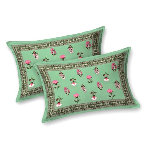Image of BLOCKS OF INDIA Hand Block Printed 200 TC Cotton Super King Size Bedsheet(106 x 106) | Pack of 1, Batik Green Flower