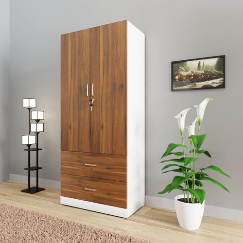 Image of VIKI Wardrobe | Wooden Almirah for Clothes,Door for Bedroom, 2 Door Wardrobe with Drawer & Hanging Space (White & Walnut - 40D x 80W x 180H) | 1 Year Warranty | Free Assembly