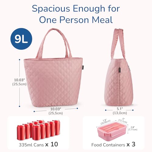 Image of Gloppie Lunch Bag for Women Insulated Leakproof Cooler Work Lunch Tote Pink | 3-Layer Thermal Liner,Keeps Meals Cool Fresh In Summer, Reusable Food-Grade Leakproof Liner, Medium Size With Rear Pocket