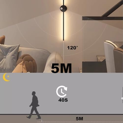 Apliques de pared LED largo de 100cm recargable con sensor movimiento negro luz cálida 3