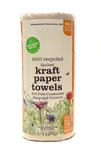 Natural Value 100% Recycled Brown Kraft Paper Towel 4pk, 2ply Quilted 120 Full sized sheets (11inx9in) A+ by NRDC, No Dyes, Ink, Frangrance, No Chlorine Bleach, Made with continuously recycled water