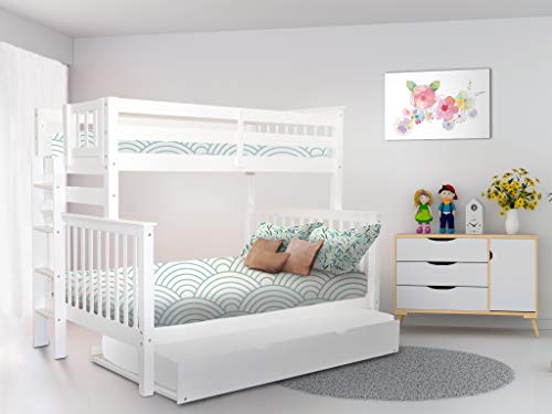 Bedz King Bunk Beds Twin Over Full Mission Style With End Ladder And A Twin Trundle, White #TOP5