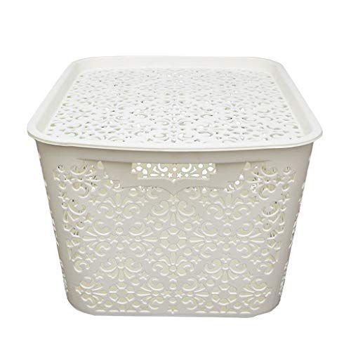 Image of Cutting Edge Essentials Rectangular Plastic Storage Baskets /Shelf /Turkish Rack With Lid - Set of 2 For Fruit Vegetable Bathroom Stationary Home Basket With Handle (Cream, Large)