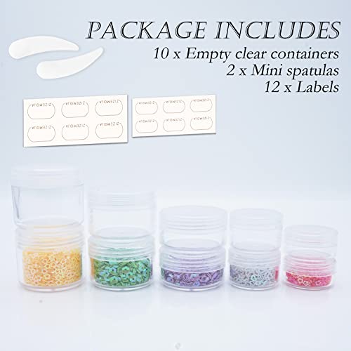 10 Pieces Small Travel Containers, 3/5/10/15/20 Gram Size Travel Jars, Cosmetic Travel Size Containers For Lotions And Creams, Plastic Sample Containers Jars With 12Pcs Labels, 2Pcs Mini Spatula #TOP6