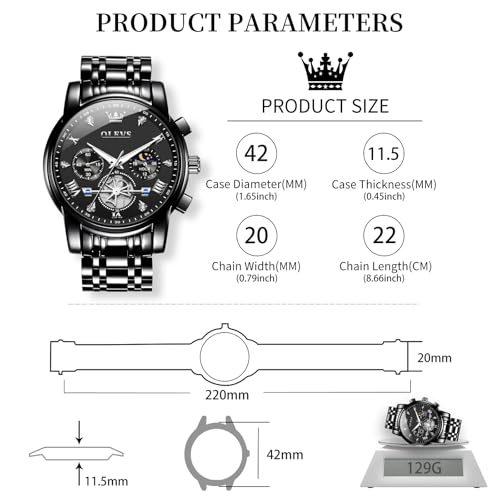 Image of OLEVS Men Watches Stainless Steel Chronograph Watch, Large Wrist Analog Quartz Watch, Fashion Waterproof Diamond Roman Numerals Dress Watches for Men, Gold /Black /White /Blue /Grey Dial