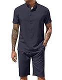 Abiti casual a 2 pezzi: pantaloni da spiaggia Henley da uomo con colletto Henley, chiusura con bottoni, maniche corte, stile semplice, tinta unita e vestibilità aderente. I pantaloncini estivi da spiaggia presentano una coulisse elastica in vita, fornendo abbastanza spazio in vita e gambe per muoversi più liberamente.