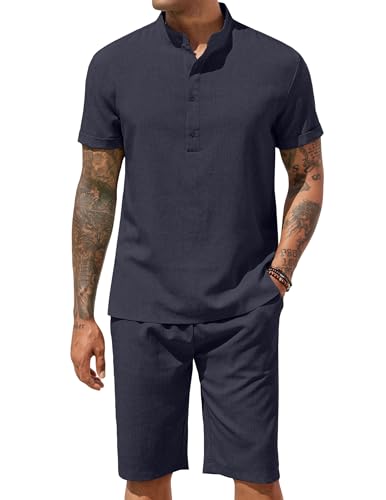 【Occasione: set da 2 pezzi da uomo, perfetto per yoga, spiaggia, atletica, jogging, vacanze, all'aperto, sport, strada, casual, casa, ecc. Abbinamento semplice e classico di camicie e pantaloncini, risparmia il tempo di scegliere di abbinare.