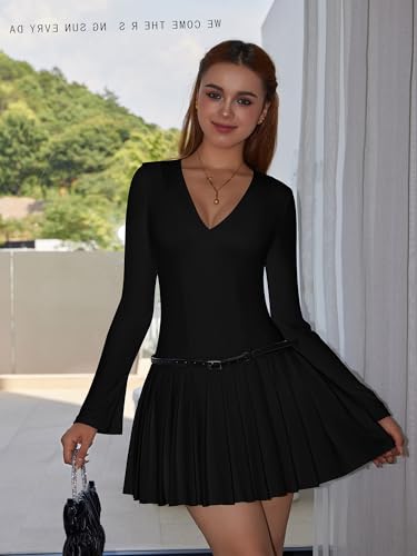 DAAWENXI Women's Sexy Deep V Neck Mini Dress Long Sleeve Pleated Bodycon A Line Party Club Short Dresses2