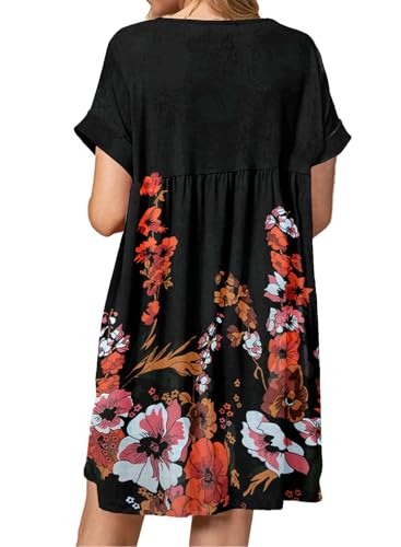Image of Jayscreate Women's Baby Doll Dress Summer Casual Tunic Pleated Flowy Swing Short Sleeve Black V Neck Mini Dress