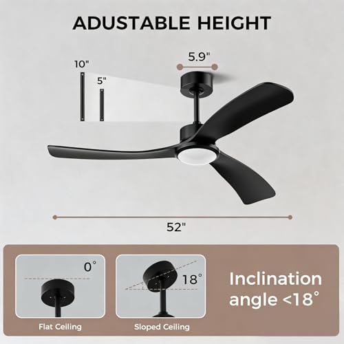 Image of Obabala 52 Inch Ceiling Fan with Light and Remote, 3 black Solid Wood Blades, DC Motor Quiet 35dB, Dimmable LED Reversible for Bedroom Living Room Indoor Outdoor, 6 Speed Timer Downrod