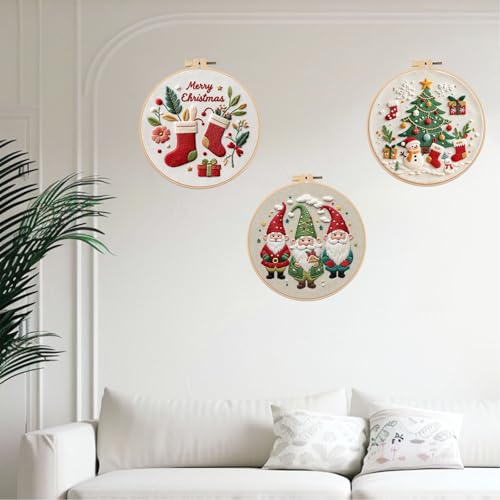Image of Offizon Christmas Embroidery Kit for Beginners, 3 PCS Starter Cross Stitches, Winter Santa Handicrafts, Merry Chistmas
