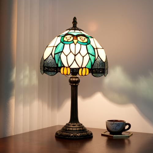 NUODITOS Tiffany Búho Animal Vidriera Lámpara de mesa Hecho a mano Cabecera de la mesa de noche Único lindo acento Lámpara de mesa de noche para el hogar Oficina Dormitorio Bar Decorar