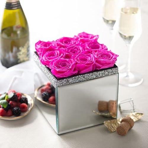 Soho Floral Arts | Large Mirrored Vase Pave Accent | Genuine Roses That Last For Years | Forever Roses In A Box (9Ct. Radiant Pink) | Mothers Day Gifts #TOP1