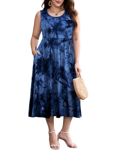 Image of LARACE Women's Plus Size Sleeveless Maxi Dress Casual Crew Neck Pleated Flowy Long Dresses with Pockets L-6XL