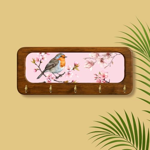 Image of Stylish Wooden Key Holder for Wall | Cute Key Holder for Home Decor | Key Holder Stand with 5 Hooks | Wall Mounted Key Hanger| (Bird Pink Keyholder)