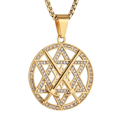 HZMAN 18K Gold Plated Seal of Solomon Hexagram Necklace for Men Stainless Steel Crossed Swords Star of David Talisman Pendant Jewelry Gift