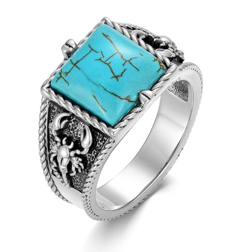 Real Square Turquoise Rings for Men with Scorpion 925 Sterling Silver Genuine Gemstone Chunky Southwest Ring Jewelry for Husband Boyfriend