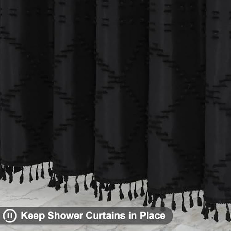 Boho Black Woven Fabric Shower Curtain with Tassel 72 x 78 Modern Farmhouse Minimalist, Bohemia Tufted Chevron Striped Chic Textured, Waterproof Cloth Curtain for Bathroom, Hotel Decor
