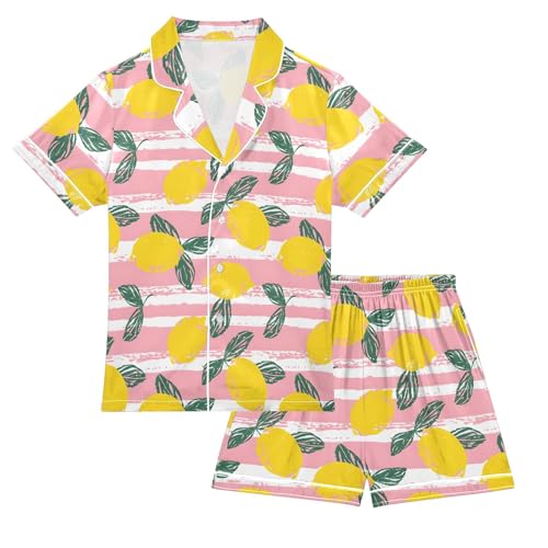 Lemon with Pink Stripes Summer Satin Pajama Set, Cute Button-Down Sleepwear Pj Set for Sleep Wears