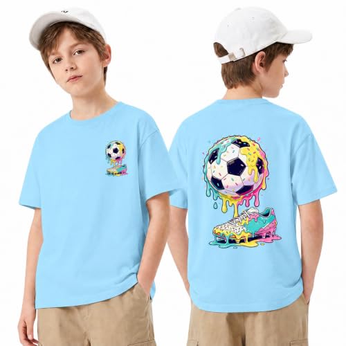 Cozople Boys Shirts Soccer Drip Graphic T-Shirts, Baby Blue, 13-14Y