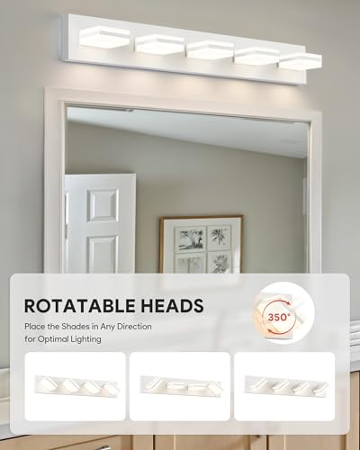 Image of VONLUCE Bathroom Vanity Light Fixture, 5-Light Modern LED Vanity Light, 3CCT Adjustable Bathroom Lights with Memory Function Rotatable Shades, 34 inch Wall Lighting Fixture Over Mirror, Matte White