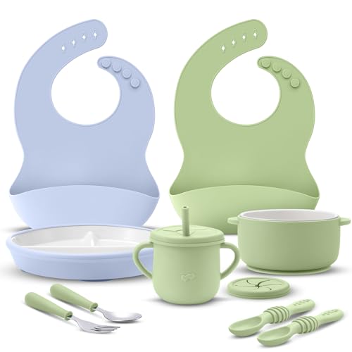 Image of Teenyyou 9 Pcs Porcelain Kids Plates and Bowls Feeding Set with Suction, Ceramic Baby Toddler Divided Plates Silicone Sleeve Bowls Forks Spoons Cup Bib Microwave Dishwasher Safe(Sweets)