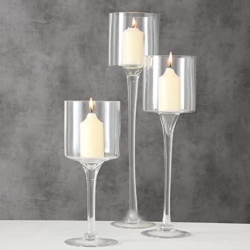 Hurricane Candle Holder Glass Candleholders Holders Votive Long Stem Tealight Tall High Tea Light Elegant Transparent Ideal Dining Wedding Party Home Decoration Gifts (Large 1 Set)