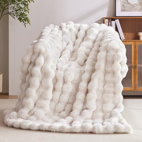 Faux Fur Throw Blanket, 1000GSM Fluffy Soft Bubble Blanket for Couch Bed, Cozy Plush Warm and Thick Blanket, Fuzzy Rabbit Lola Throw for Living Room Bedroom 50''*60'' White