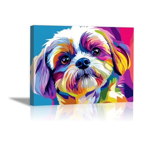 Décoration salon mur vide résolue avec le tableau chien coloré moderne violet 20x30cm encadré