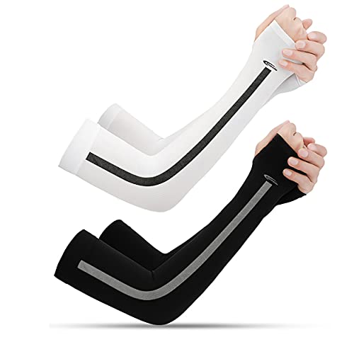 HiRui Warm Arm Compression Sleeves, 2/3/4/5 Pairs Hands Arm Covers UPF50 UV Protection for Men Women Kids, Running Cycling Golf Basketball Driving, Tattoo Covers (2 Pairs(White/Black))