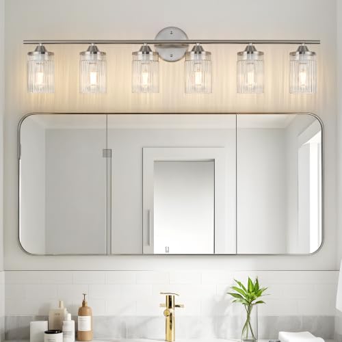 Image of Jonsi Nickel Bathroom Light Fixtures 6-Light Vanity Lights Modern Wall Sconce with Clear Glass Shade Brushed Nickel Bathroom Light Fixture Over Mirror for Bedroom Hallway Kitchen