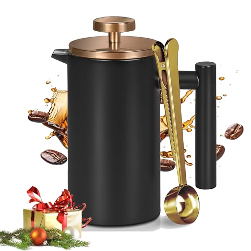 Wrobic Black Mini French Press Coffee Maker 350 ml, Single Cup French Press with Rose Gold Lid, 3 Extra Filters & 1 Gold Spoon (1 Cup Compact Travel Size), Dishwasher Safe