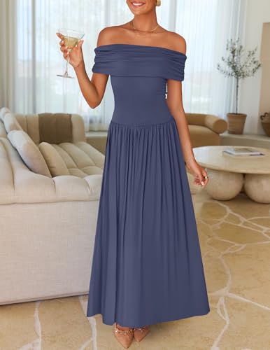 ZESICA Women's Off The Shoulder Maxi Dress 2025 Summer Sleeveless Casual Slim Swing Pleated Formal Party Dresses2