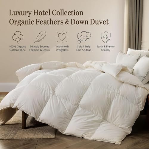 BPC Heavyweight Organic Feather Down Comforter Queen Size, Hotel-Luxury Extra Fluffy Duvet Insert with Cotton Cover and Puffy Feather Down Filling for Winter, Ivory White, 90x90 Inches - Thumbnail 2