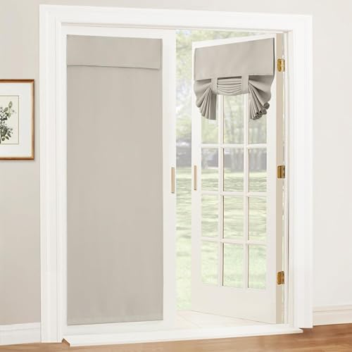 Image of RYB HOME Blackout Door Window Curtain, Self-Adhesive Blinds Privacy Room Darkening for Sliding Glass Window Front French Door, W30 x L72 inch, 1 Panel, Natural