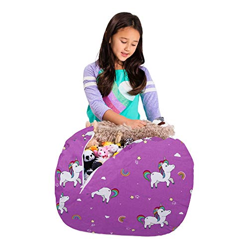 Posh Creations Kids Stuffed Animal Storage Bean Bag Chair Cover - Childrens Toy Organizer, Medium-27in, Canvas Unicorn and Rainbows on Purple by Posh Creations - Image 5