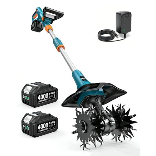Seesii Cordless Tiller Cultivator, 20V Electric Tiller for Gardening with 2 x4.0Ah Batteries, 9" Tilling Width 6.6" Depth, Lightweight Adjustable Handle Rototiller for Lawn, Weeding & Soil C