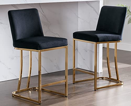 Vescasa 24" H Counter Height Barstools With Back, Mid Century Modern Velvet Upholstered Counter Stool Chairs With Gold Metal Frame For Kitchen Island, Bar, Pub, Set Of 4, Black #TOP1